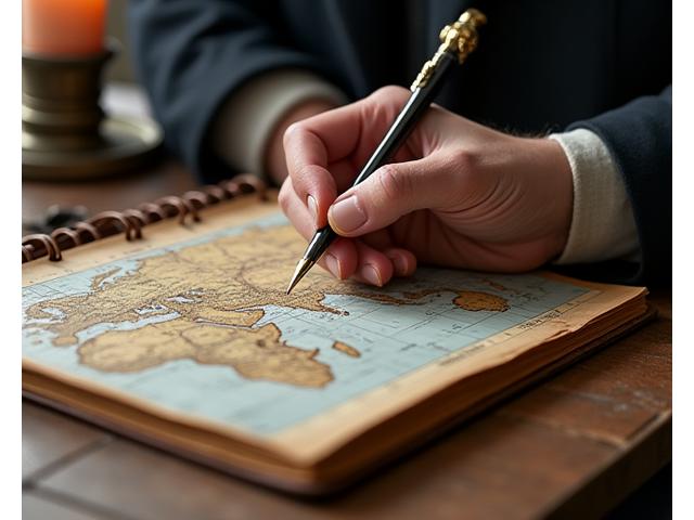 Une main élégante écrivant dans un carnet de voyage en cuir vintage posé sur une carte ancienne du monde.