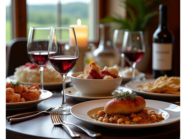 Table dressée avec mets raffinés et vins dans un cadre élégant pour un voyage culinaire
