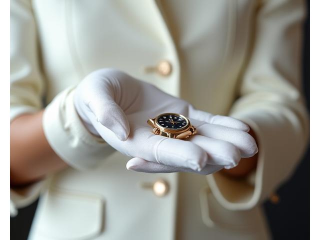 Une main élégante portant des gants blancs, offrant une montre de luxe, symbolisant un service de conciergerie personnalisé